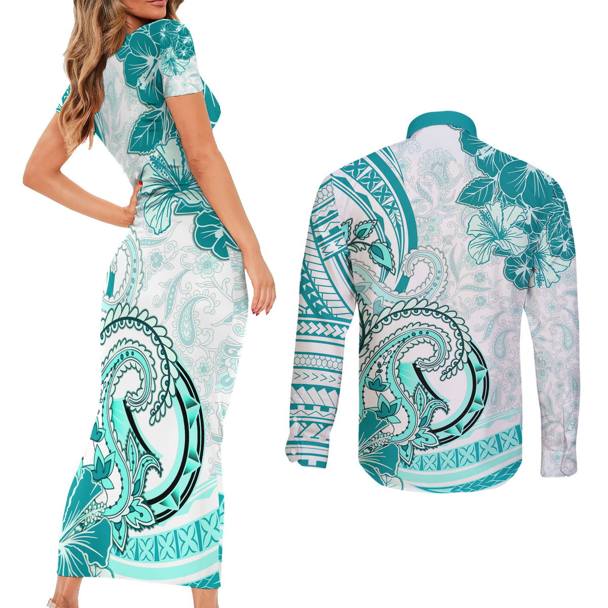 Polynesia Paisley Couples Matching Short Sleeve Bodycon Dress and Long Sleeve Button Shirt Mix Teal Polynesian Pattern LT05 - Polynesian Pride