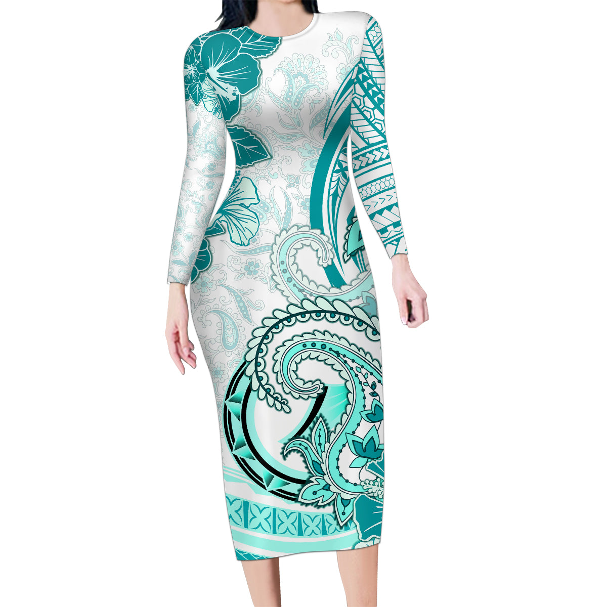 Polynesia Paisley Family Matching Long Sleeve Bodycon Dress and Hawaiian Shirt Mix Teal Polynesian Pattern LT05 Mom's Dress Teal - Polynesian Pride