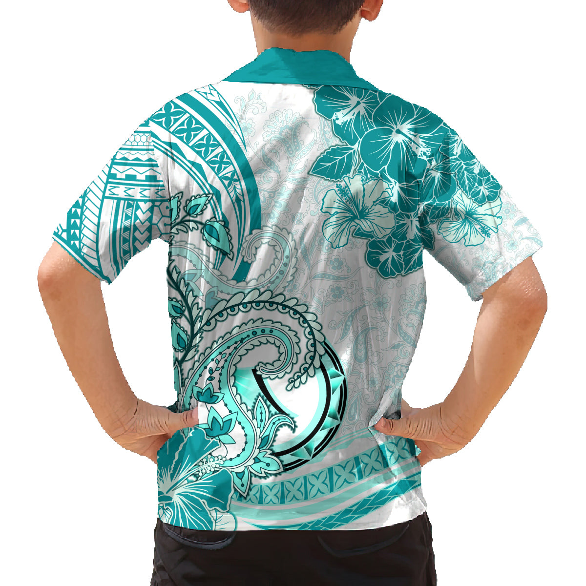 Polynesia Paisley Family Matching Off Shoulder Maxi Dress and Hawaiian Shirt Mix Teal Polynesian Pattern LT05 - Polynesian Pride
