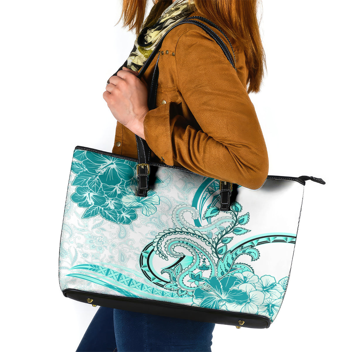 Polynesia Paisley Leather Tote Bag Mix Teal Polynesian Pattern LT05 Teal - Polynesian Pride