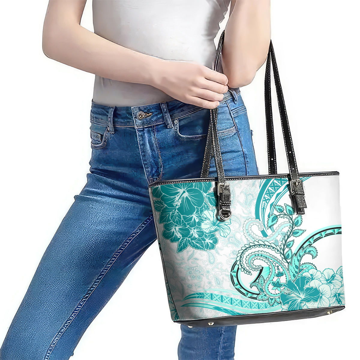 Polynesia Paisley Leather Tote Bag Mix Teal Polynesian Pattern LT05 - Polynesian Pride