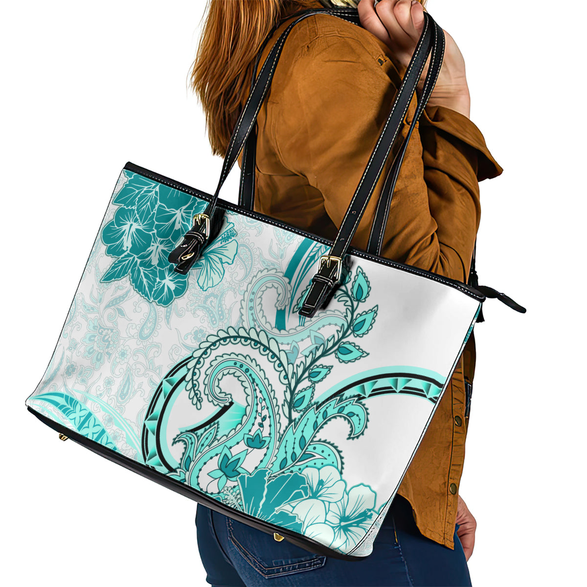 Polynesia Paisley Leather Tote Bag Mix Teal Polynesian Pattern LT05 - Polynesian Pride
