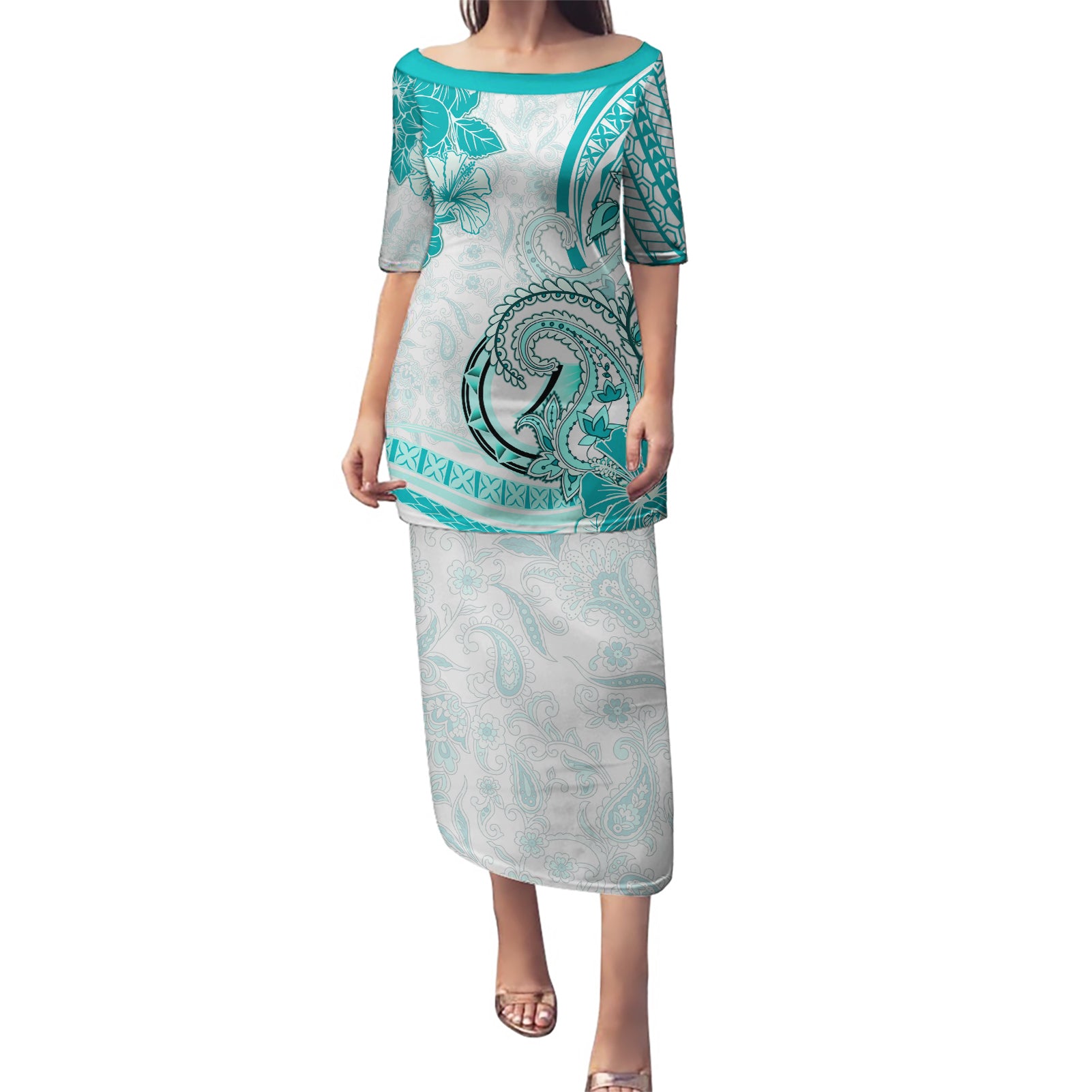 Polynesia Paisley Puletasi Mix Teal Polynesian Pattern LT05 Long Dress Teal - Polynesian Pride