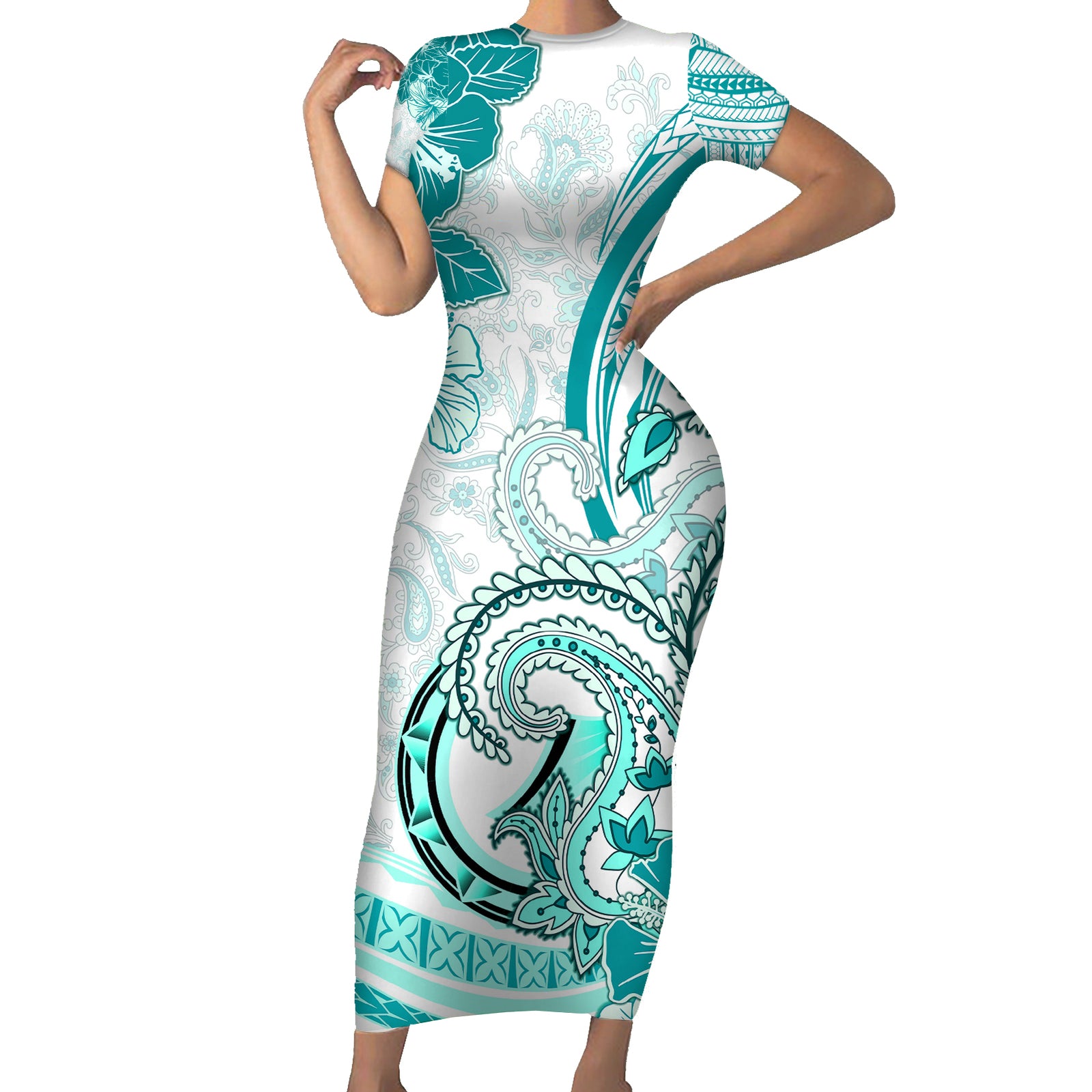 Polynesia Paisley Short Sleeve Bodycon Dress Mix Teal Polynesian Pattern LT05 Long Dress Teal - Polynesian Pride