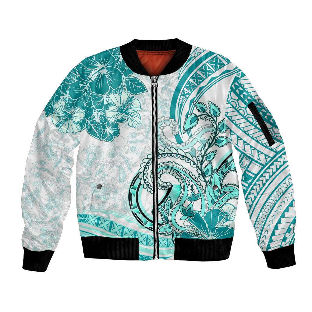 Polynesia Paisley Sleeve Zip Bomber Jacket Mix Teal Polynesian Pattern LT05 Unisex Teal - Polynesian Pride