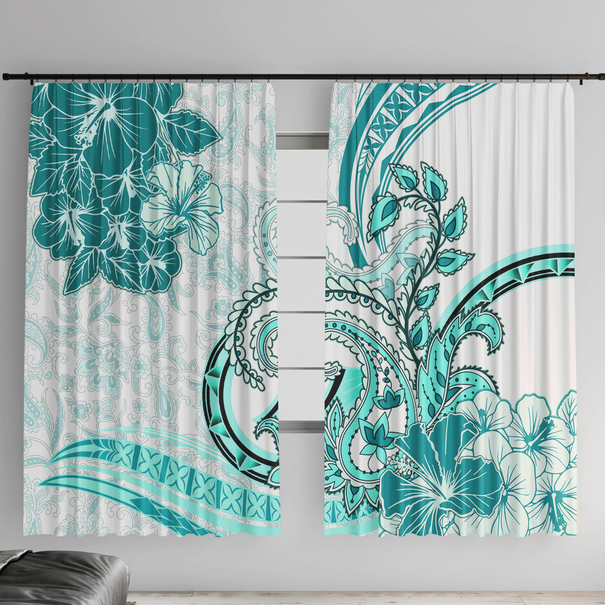 Polynesia Paisley Window Curtain Mix Teal Polynesian Pattern LT05 With Hooks Teal - Polynesian Pride