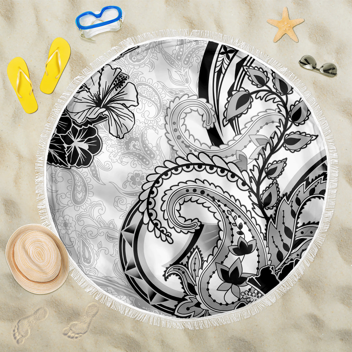 Polynesia Paisley Beach Blanket Mix White Polynesian Pattern LT05 One Size 150cm White - Polynesian Pride
