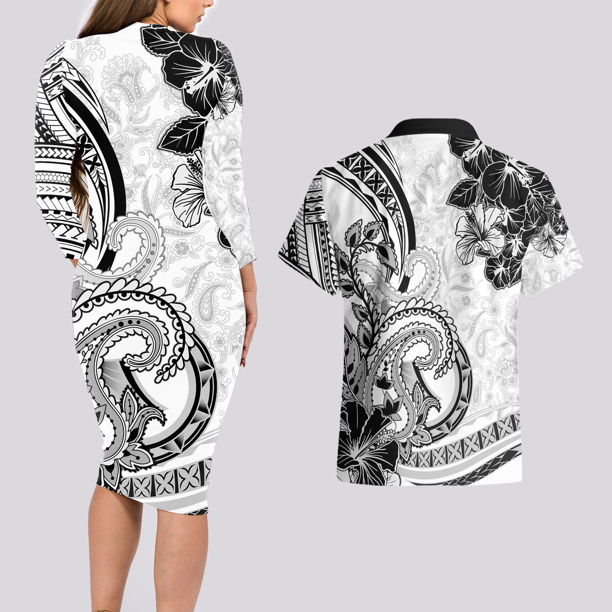 Polynesia Paisley Couples Matching Long Sleeve Bodycon Dress and Hawaiian Shirt Mix White Polynesian Pattern LT05 - Polynesian Pride
