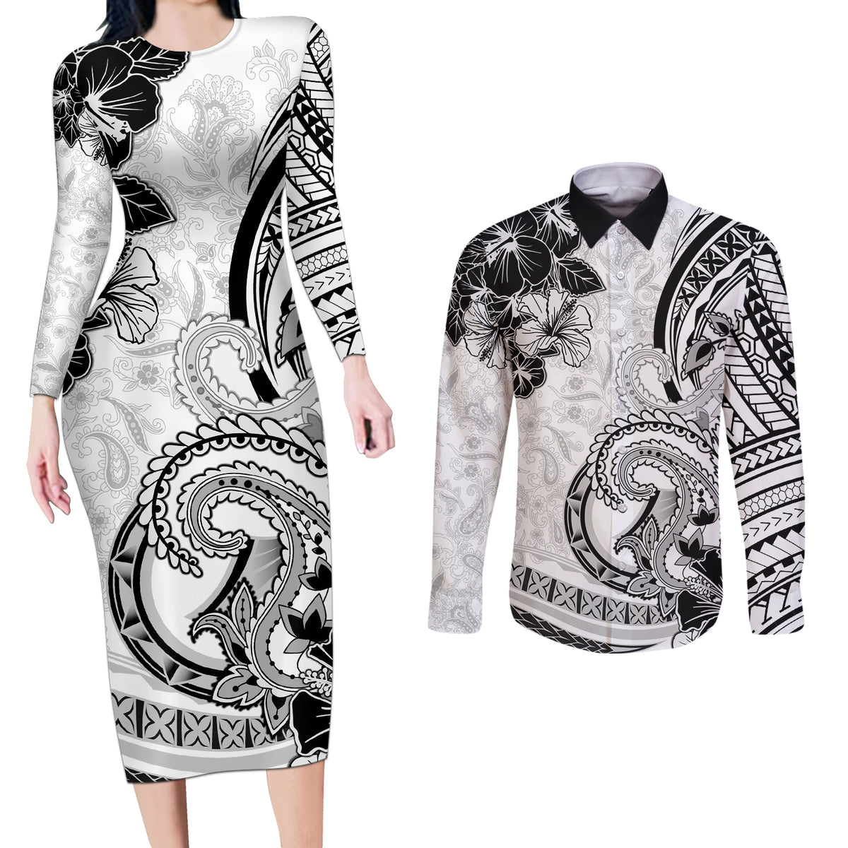 Polynesia Paisley Couples Matching Long Sleeve Bodycon Dress and Long Sleeve Button Shirt Mix White Polynesian Pattern LT05 White - Polynesian Pride