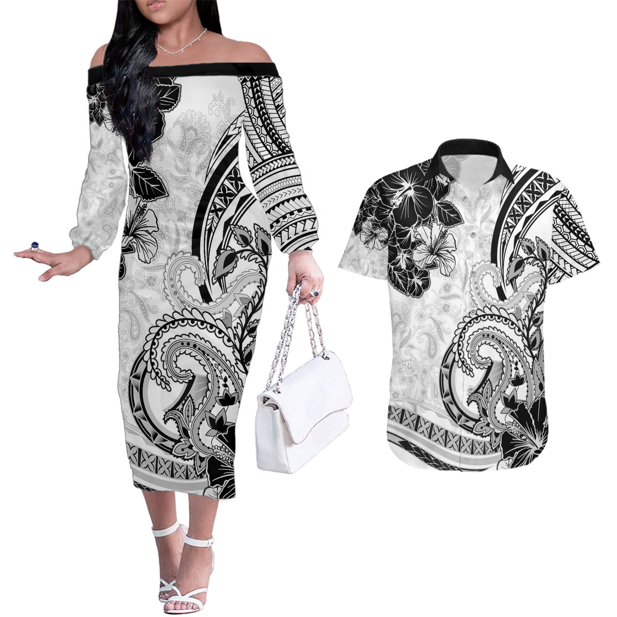 Polynesia Paisley Couples Matching Off The Shoulder Long Sleeve Dress and Hawaiian Shirt Mix White Polynesian Pattern LT05 White - Polynesian Pride