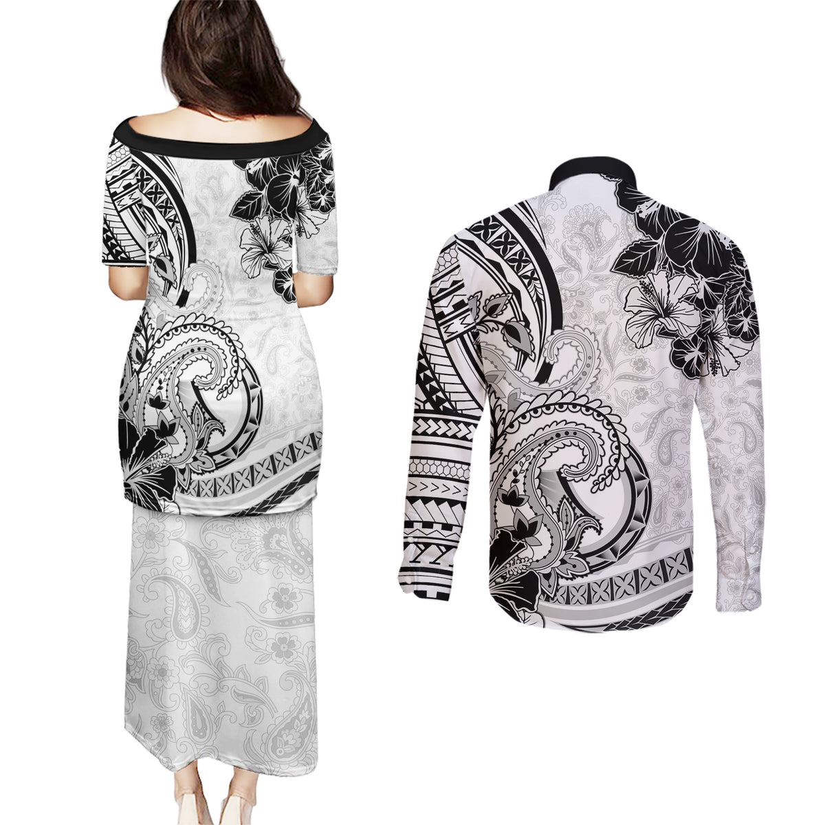 Polynesia Paisley Couples Matching Puletasi and Long Sleeve Button Shirt Mix White Polynesian Pattern LT05 - Polynesian Pride