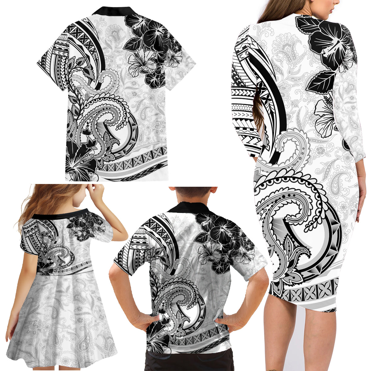 Polynesia Paisley Family Matching Long Sleeve Bodycon Dress and Hawaiian Shirt Mix White Polynesian Pattern LT05 - Polynesian Pride