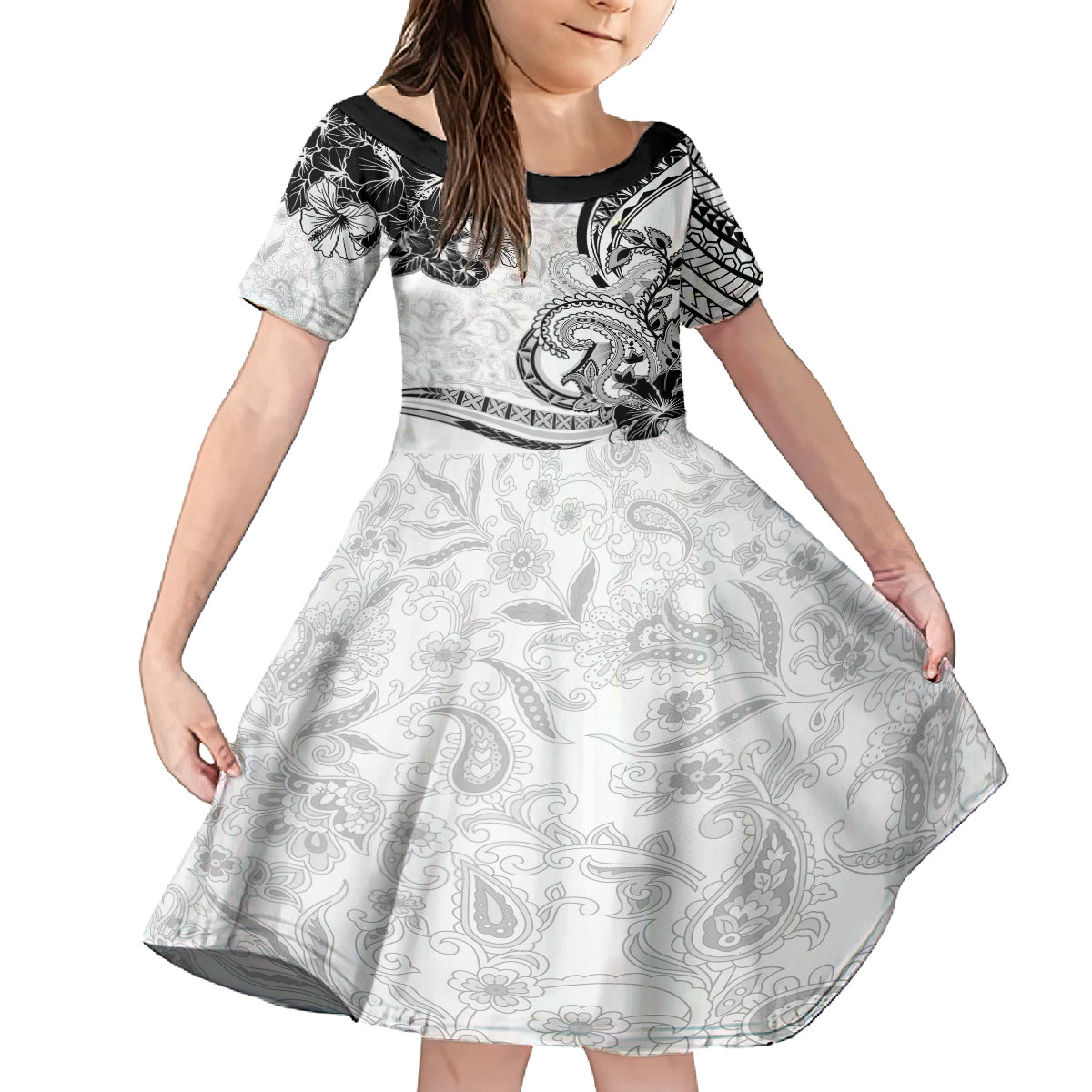 Polynesia Paisley Kid Short Sleeve Dress Mix White Polynesian Pattern LT05 KID White - Polynesian Pride