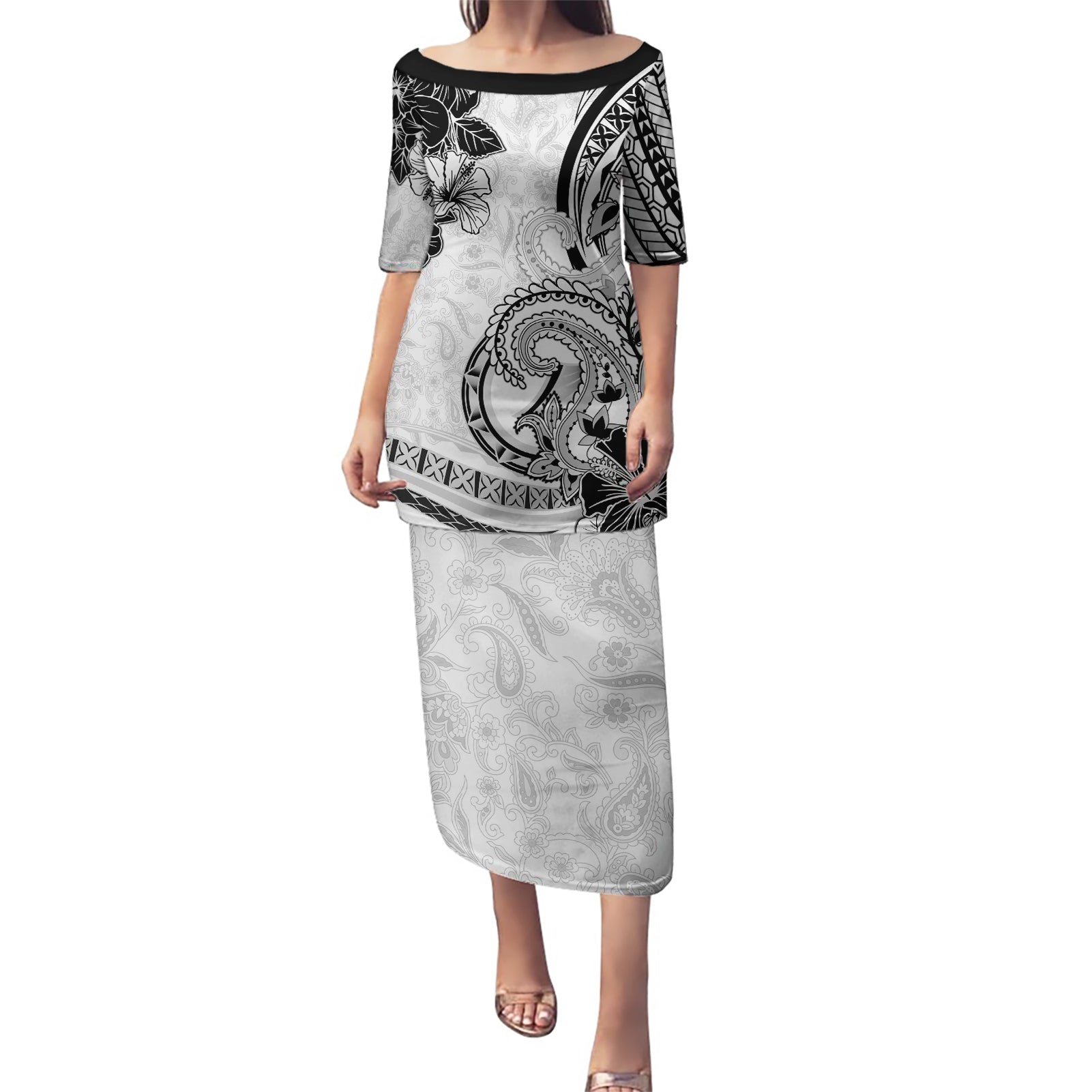 Polynesia Paisley Puletasi Mix White Polynesian Pattern LT05 Long Dress White - Polynesian Pride