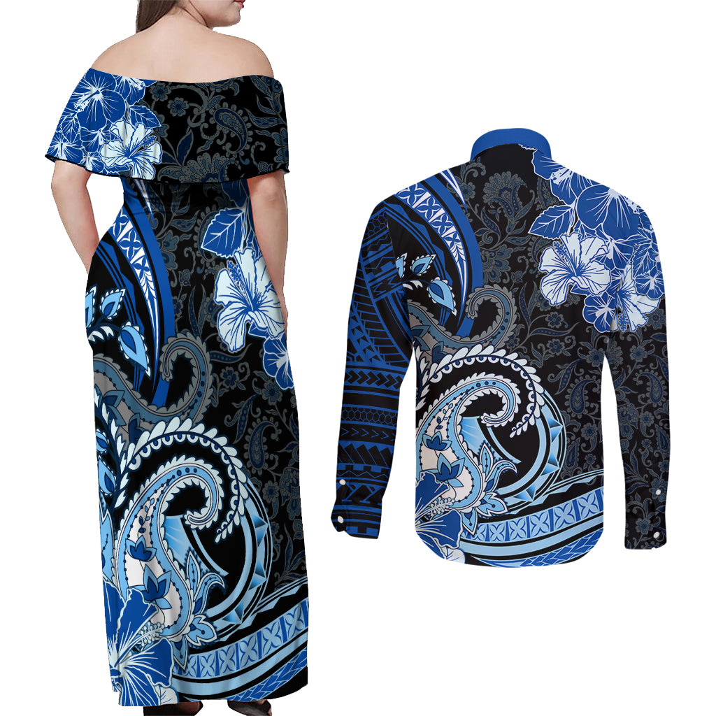 Polynesia Paisley Couples Matching Off Shoulder Maxi Dress and Long Sleeve Button Shirt Mix Blue Polynesian Pattern LT05 - Polynesian Pride