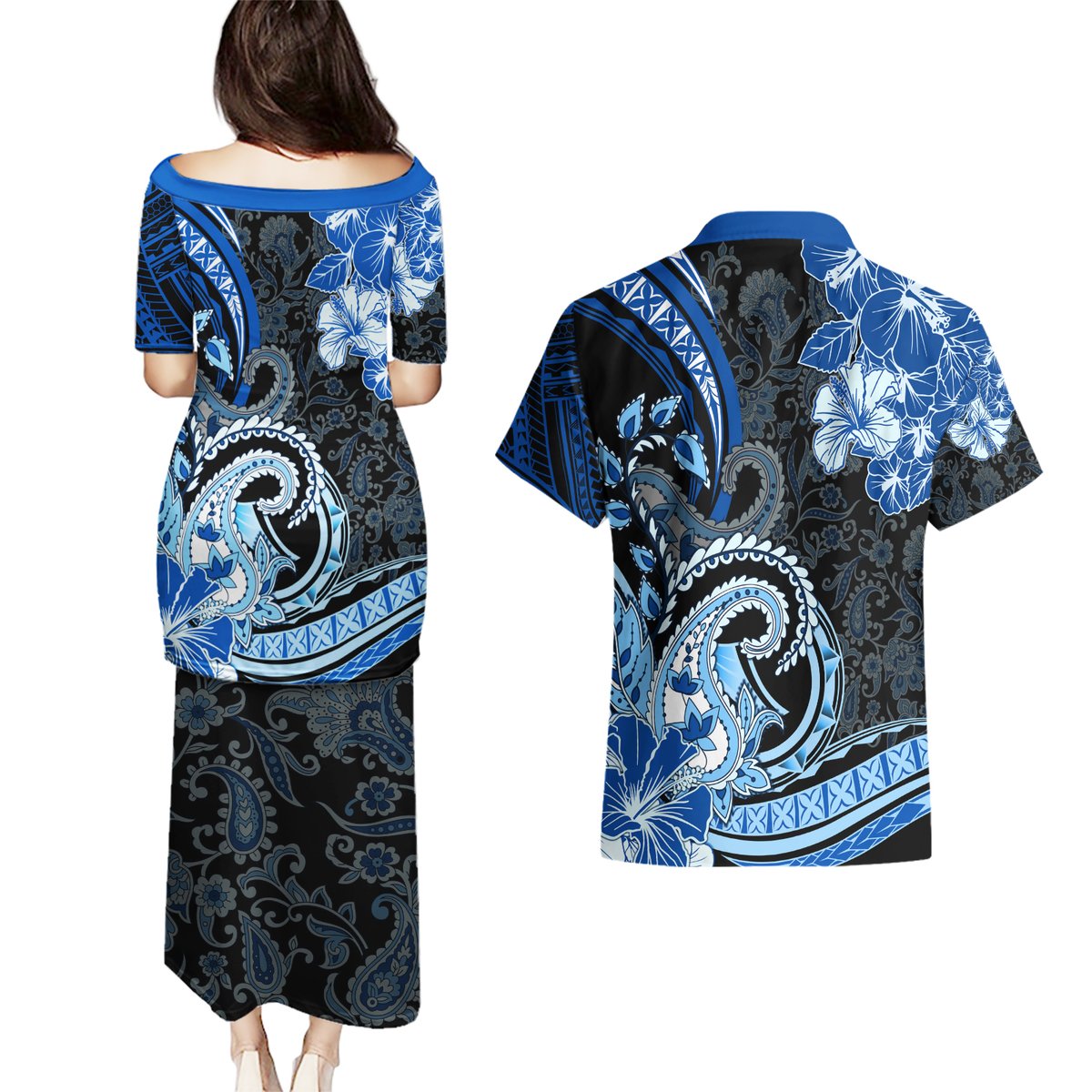 Polynesia Paisley Couples Matching Puletasi and Hawaiian Shirt Mix Blue Polynesian Pattern LT05 - Polynesian Pride