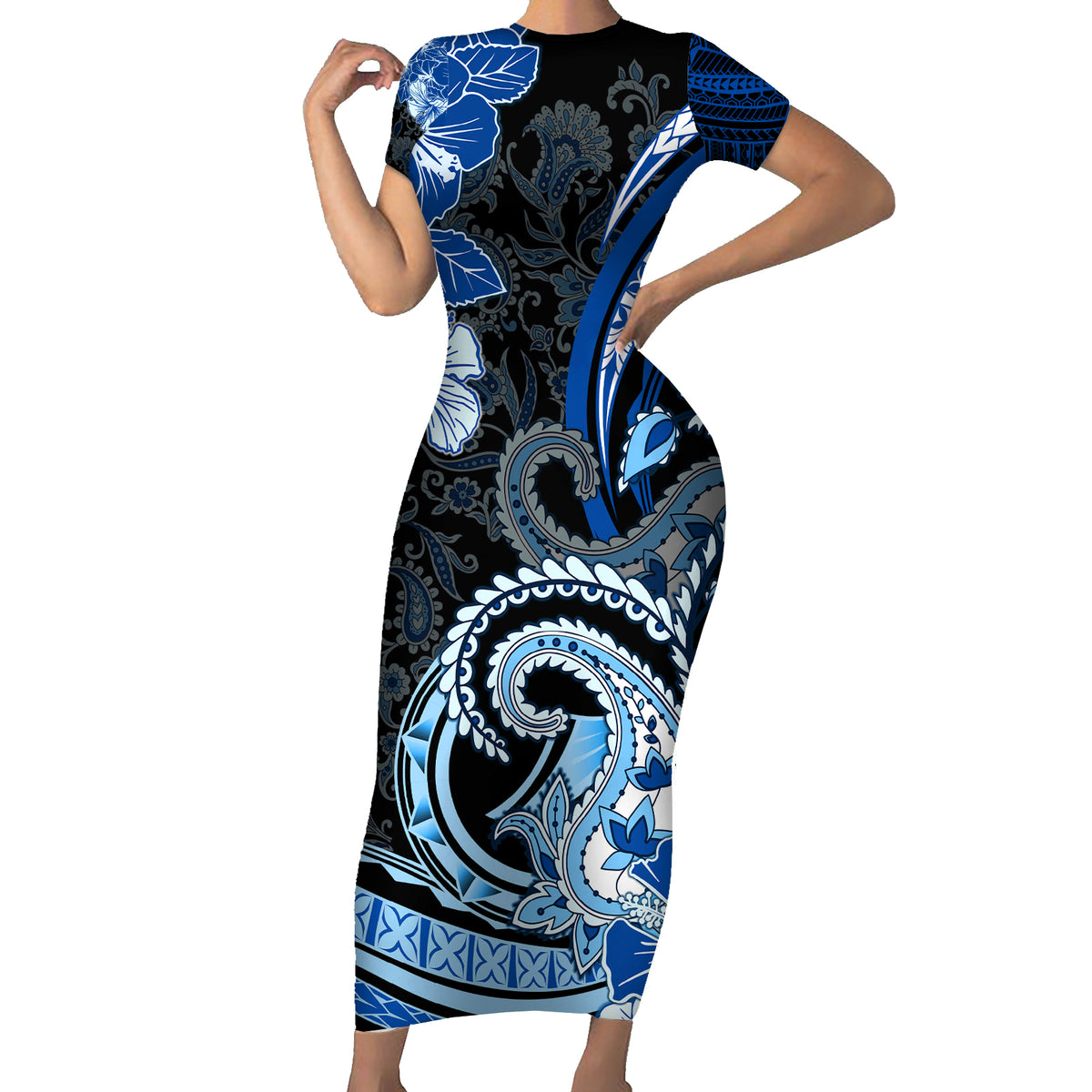 Polynesia Paisley Short Sleeve Bodycon Dress Mix Blue Polynesian Pattern LT05 Long Dress Blue - Polynesian Pride