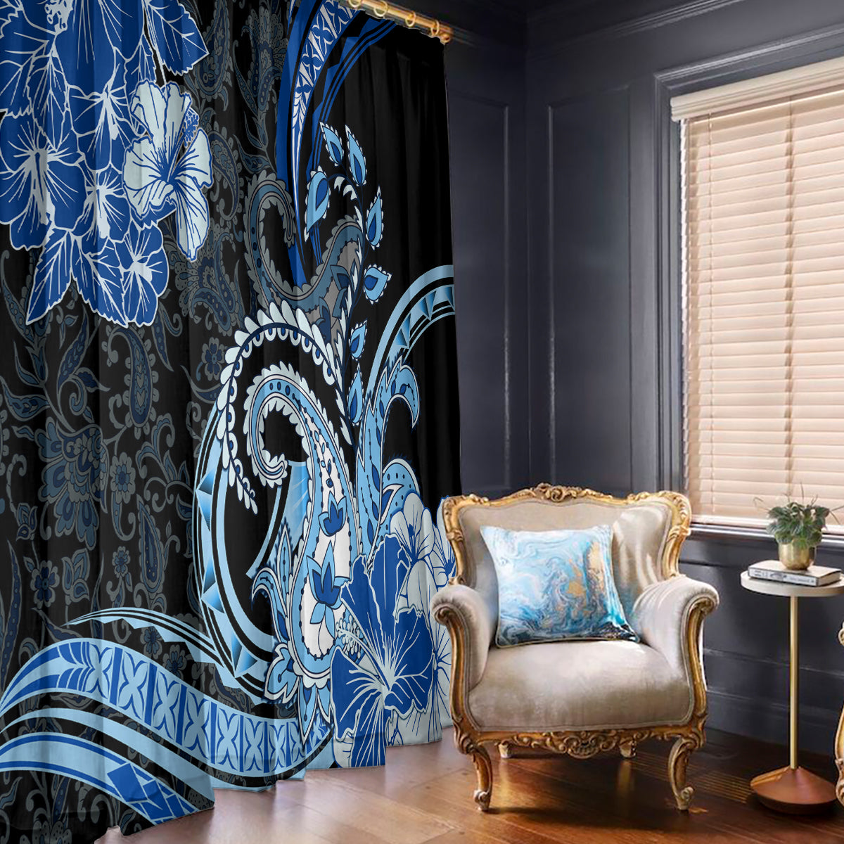 Polynesia Paisley Window Curtain Mix Blue Polynesian Pattern LT05 - Polynesian Pride