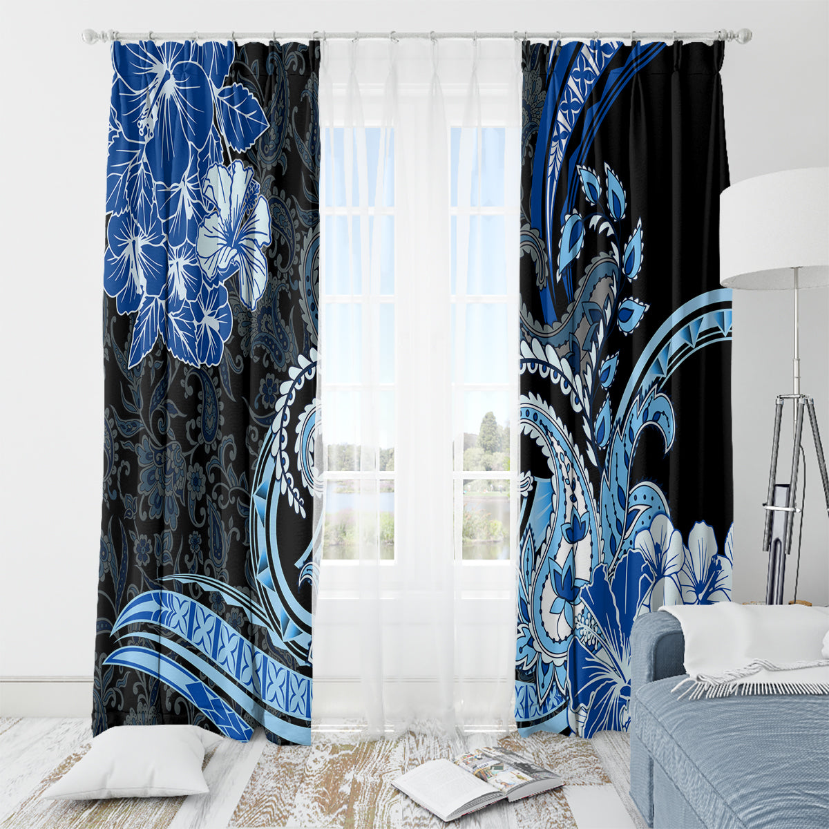 Polynesia Paisley Window Curtain Mix Blue Polynesian Pattern LT05 - Polynesian Pride