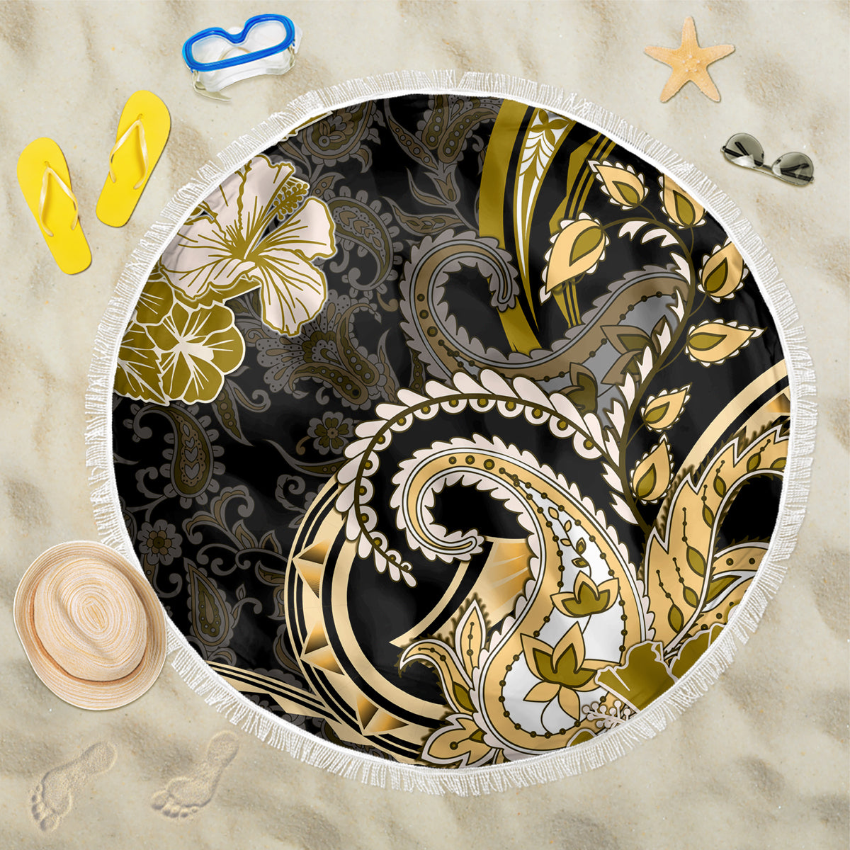 Polynesia Paisley Beach Blanket Mix Gold Polynesian Pattern LT05 One Size 150cm Gold - Polynesian Pride