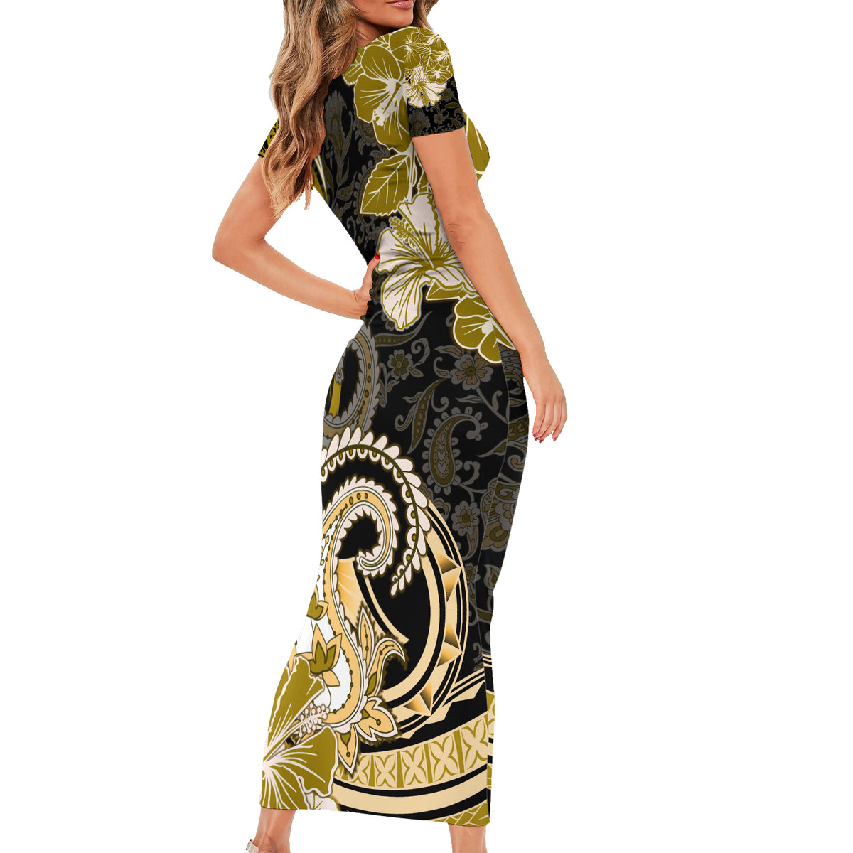 Polynesia Paisley Short Sleeve Bodycon Dress Mix Gold Polynesian Pattern LT05 - Polynesian Pride