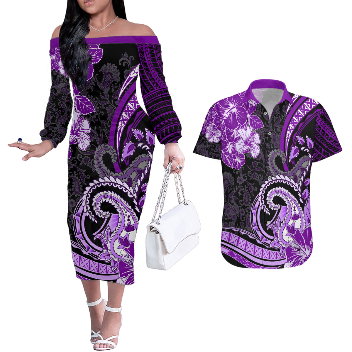 Polynesia Paisley Couples Matching Off The Shoulder Long Sleeve Dress and Hawaiian Shirt Mix Purple Polynesian Pattern LT05 Purple - Polynesian Pride