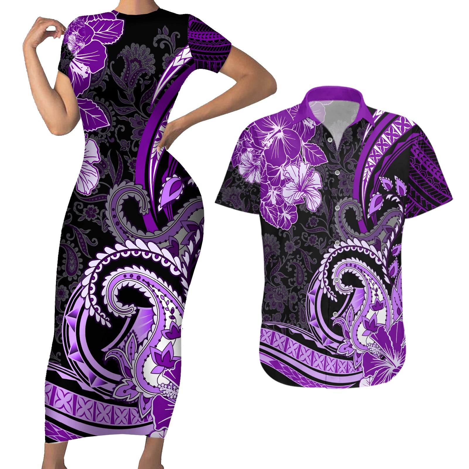 Polynesia Paisley Couples Matching Short Sleeve Bodycon Dress and Hawaiian Shirt Mix Purple Polynesian Pattern LT05 Purple - Polynesian Pride