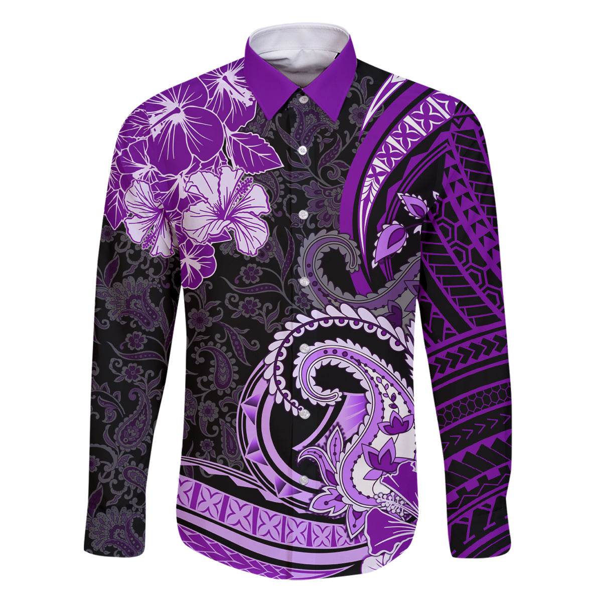 Polynesia Paisley Family Matching Off Shoulder Short Dress and Hawaiian Shirt Mix Purple Polynesian Pattern LT05 Dad's Shirt - Long Sleeve Purple - Polynesian Pride