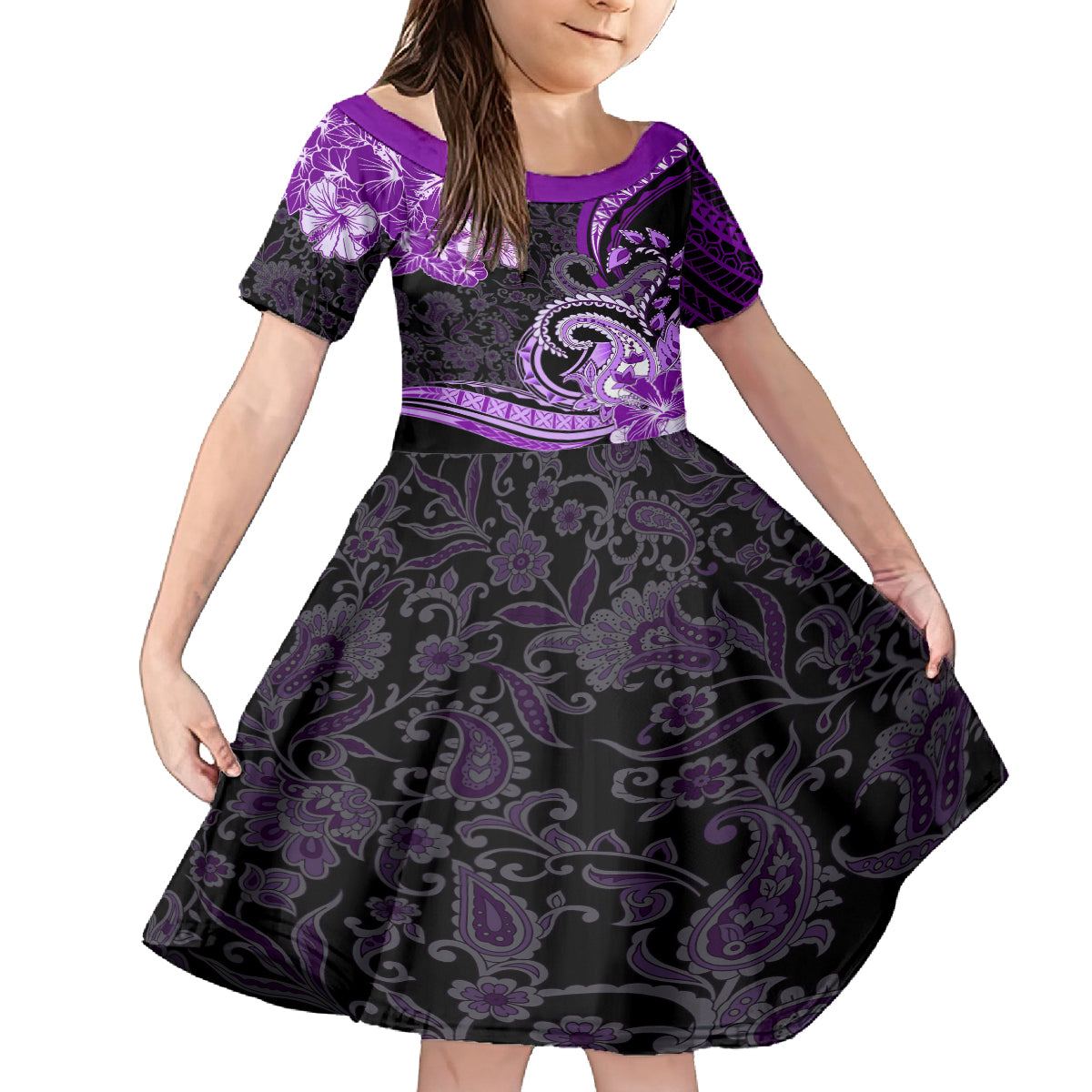 Polynesia Paisley Kid Short Sleeve Dress Mix Purple Polynesian Pattern LT05 KID Purple - Polynesian Pride