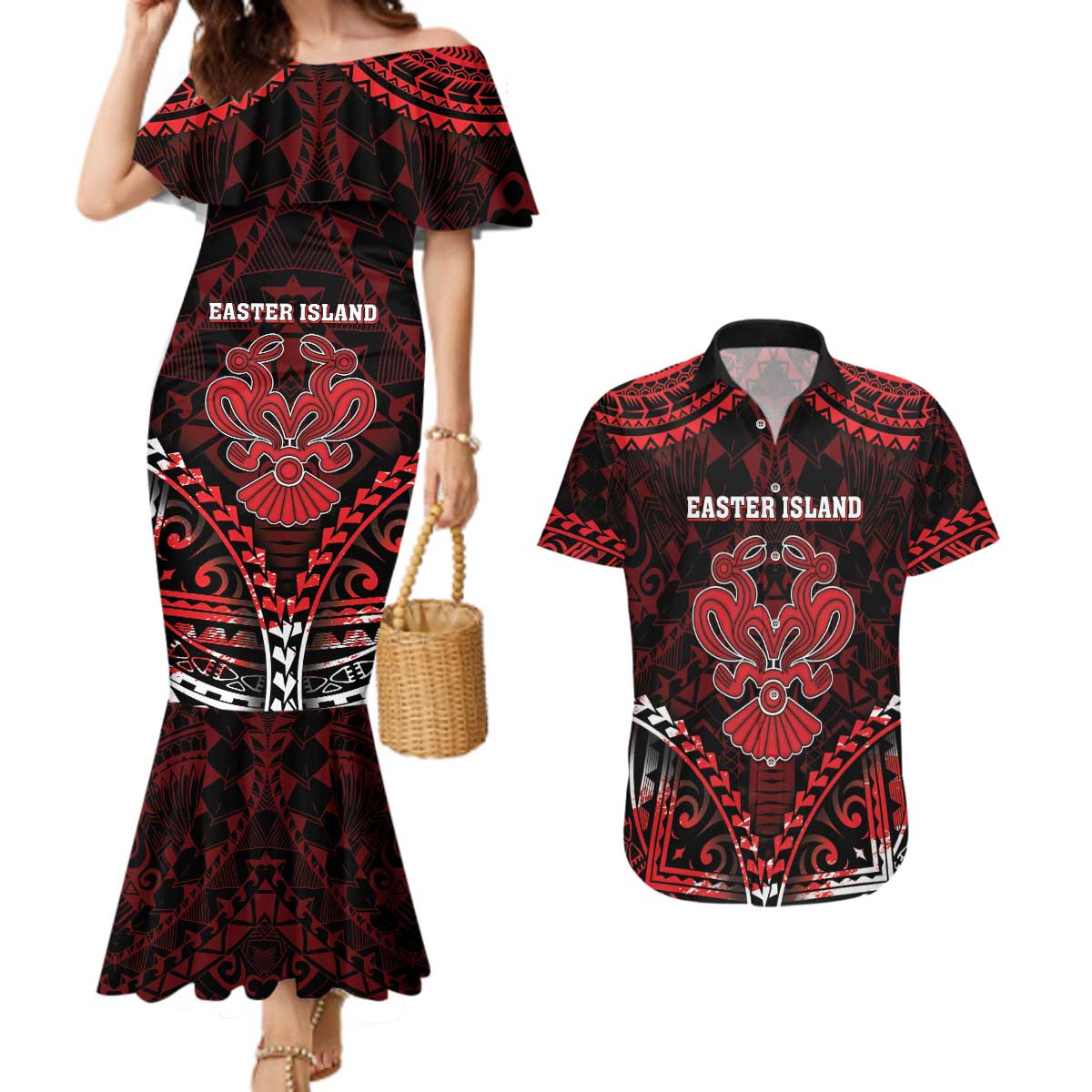 Personalised Easter Island Couples Matching Mermaid Dress and Hawaiian Shirt Polynesian Pattern Emblem