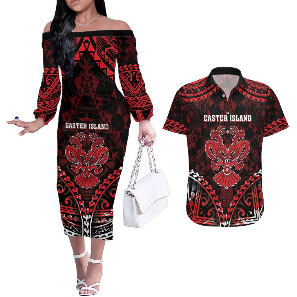 Personalised Easter Island Couples Matching Off The Shoulder Long Sleeve Dress and Hawaiian Shirt Polynesian Pattern Emblem