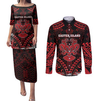 Personalised Easter Island Couples Matching Puletasi and Long Sleeve Button Shirt Polynesian Pattern Emblem LT05 Black - Polynesian Pride