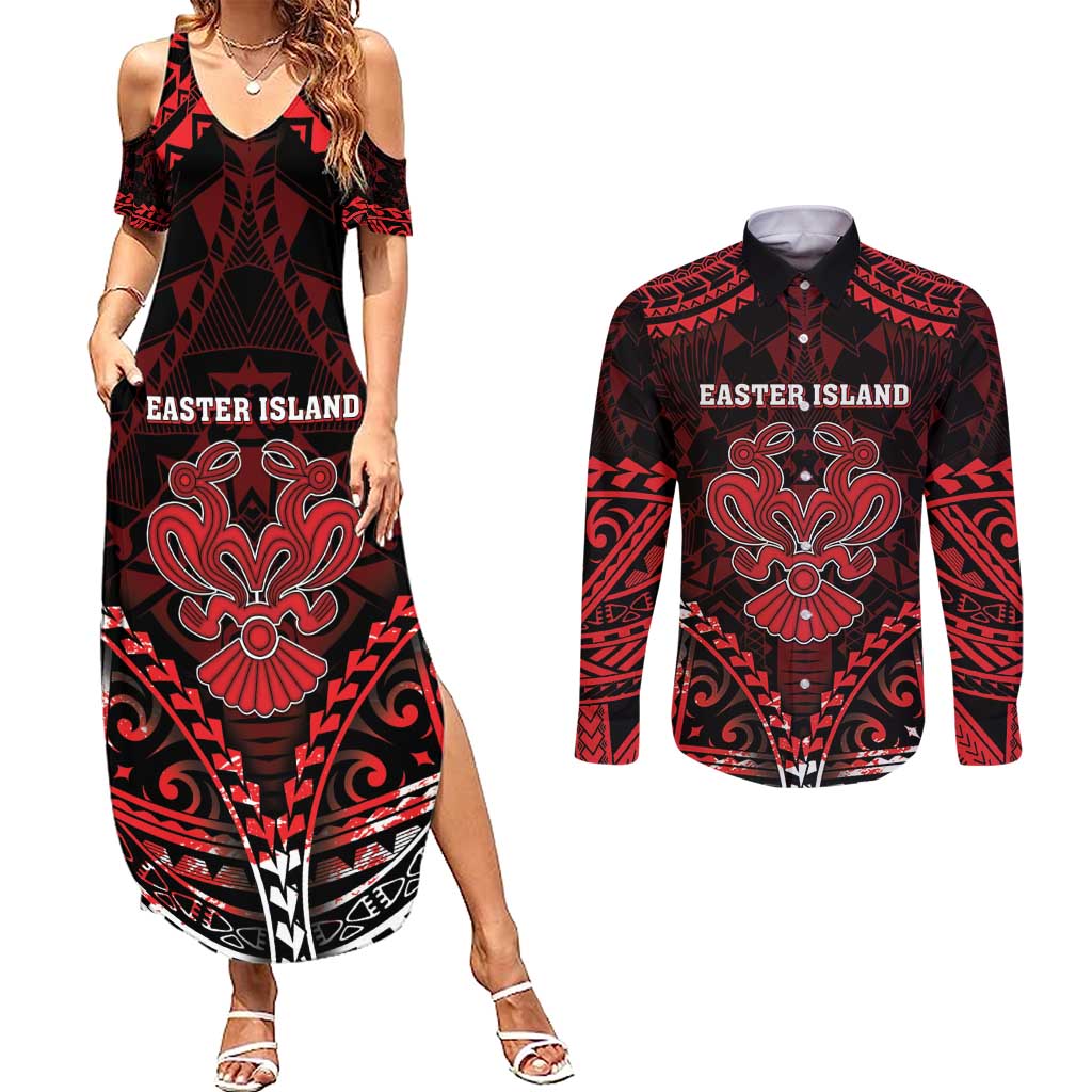 Personalised Easter Island Couples Matching Summer Maxi Dress and Long Sleeve Button Shirt Polynesian Pattern Emblem LT05 Black - Polynesian Pride