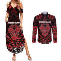 Personalised Easter Island Couples Matching Summer Maxi Dress and Long Sleeve Button Shirt Polynesian Pattern Emblem LT05 Black - Polynesian Pride