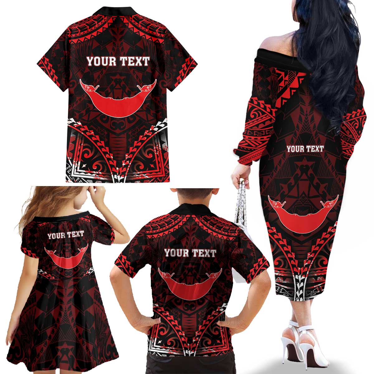 Personalised Easter Island Family Matching Off The Shoulder Long Sleeve Dress and Hawaiian Shirt Polynesian Pattern Emblem