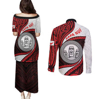 Easter Island Couples Matching Puletasi and Long Sleeve Button Shirt Moai Statues Polynesian Style