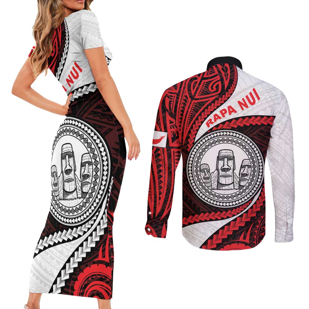 Easter Island Couples Matching Short Sleeve Bodycon Dress and Long Sleeve Button Shirt Moai Statues Polynesian Style