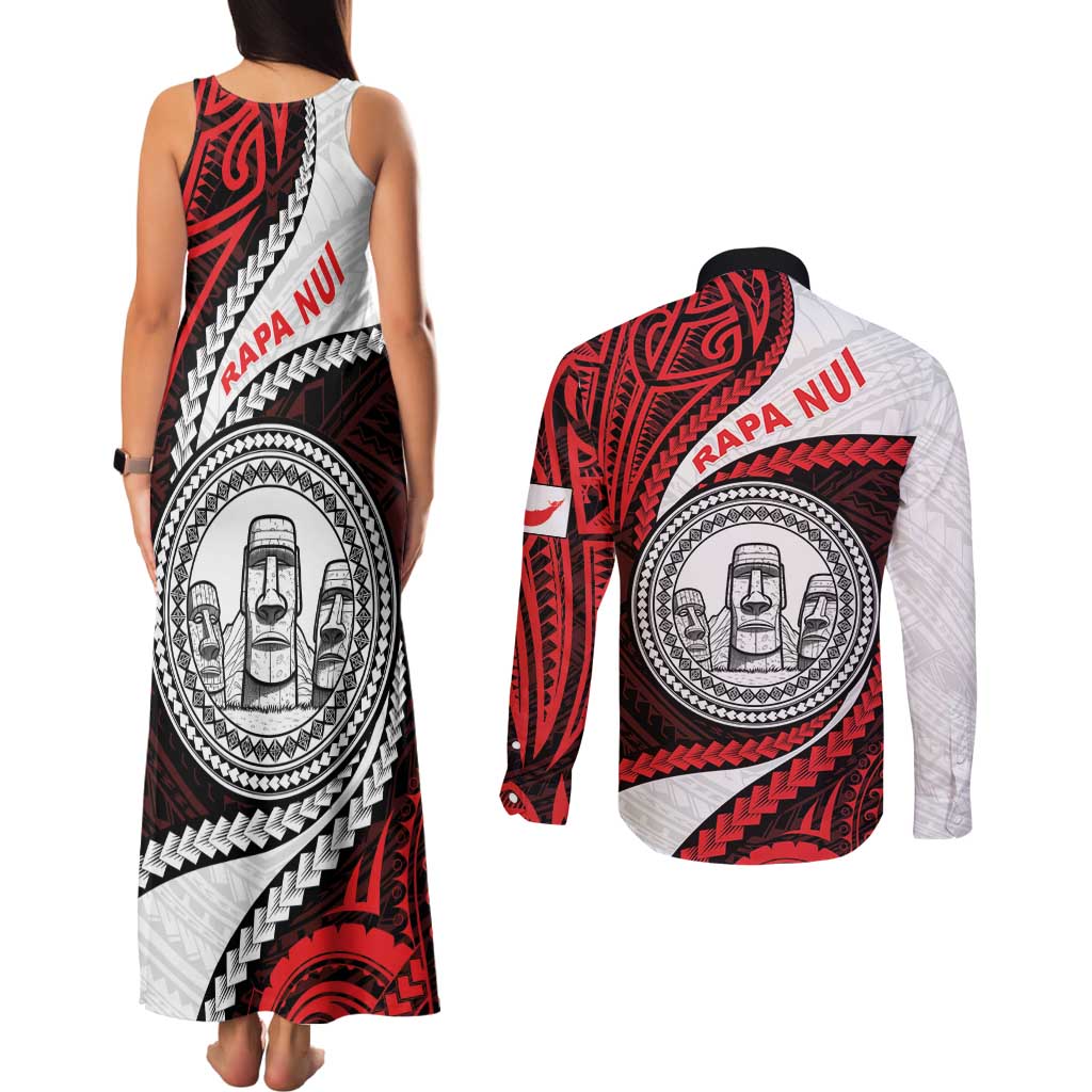 Easter Island Couples Matching Tank Maxi Dress and Long Sleeve Button Shirt Moai Statues Polynesian Style