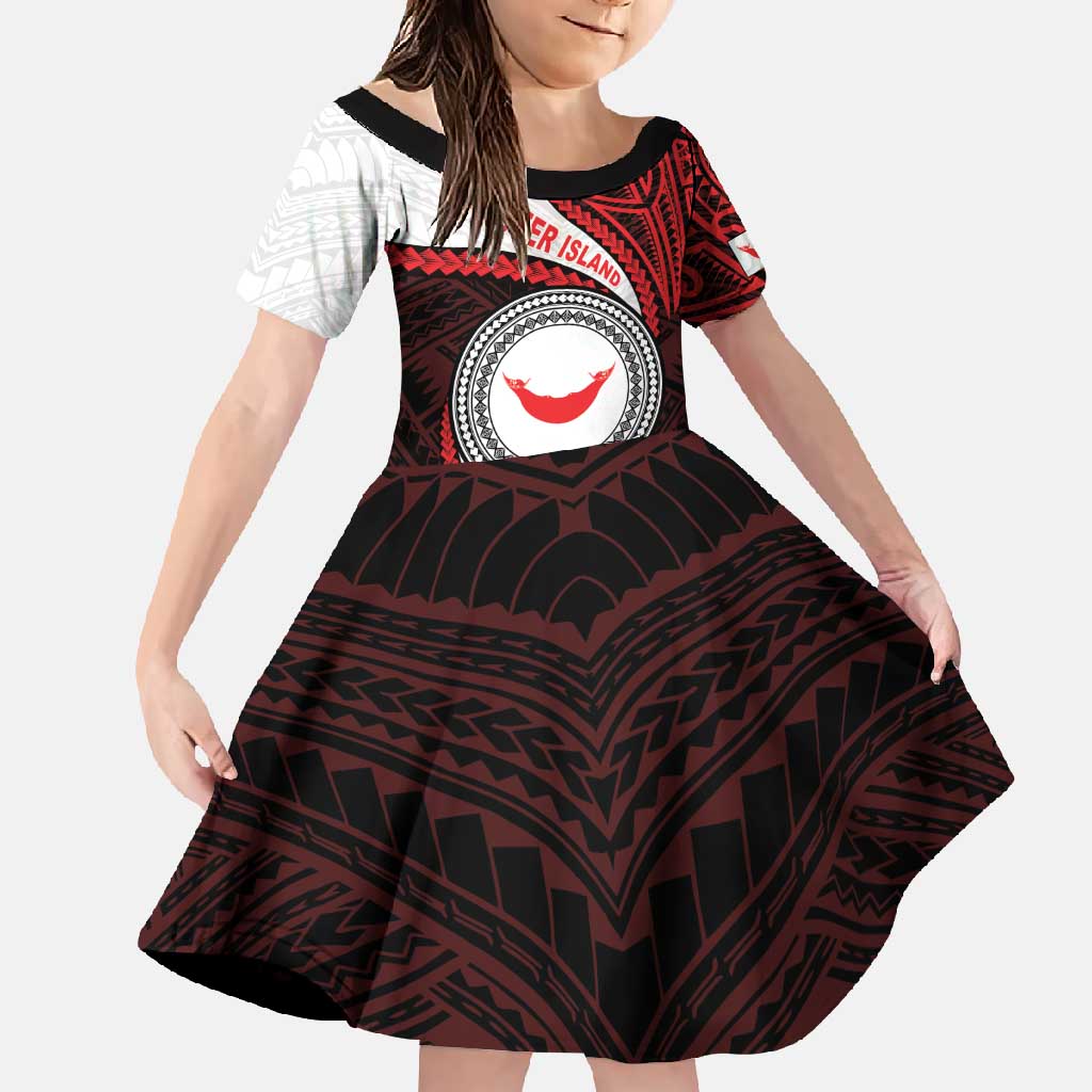 Easter Island Family Matching Long Sleeve Bodycon Dress and Hawaiian Shirt Moai Statues Polynesian Style LT05 Daughter's Dress Red - Polynesian Pride