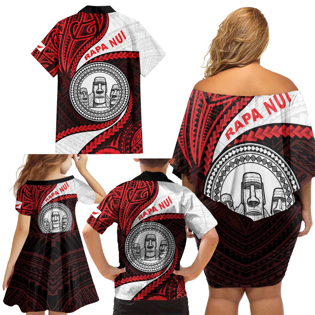 Easter Island Family Matching Off Shoulder Short Dress and Hawaiian Shirt Moai Statues Polynesian Style