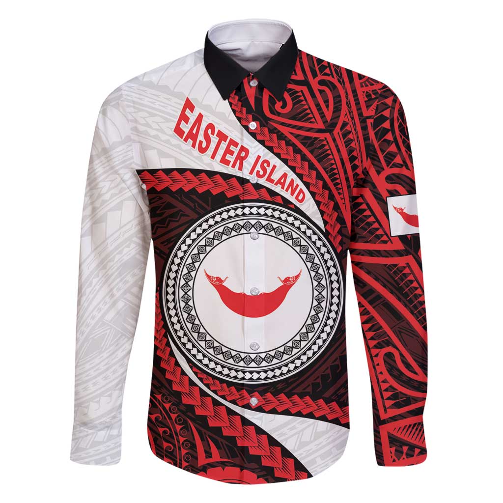 Easter Island Family Matching Summer Maxi Dress and Hawaiian Shirt Moai Statues Polynesian Style LT05 Dad's Shirt - Long Sleeve Red - Polynesian Pride