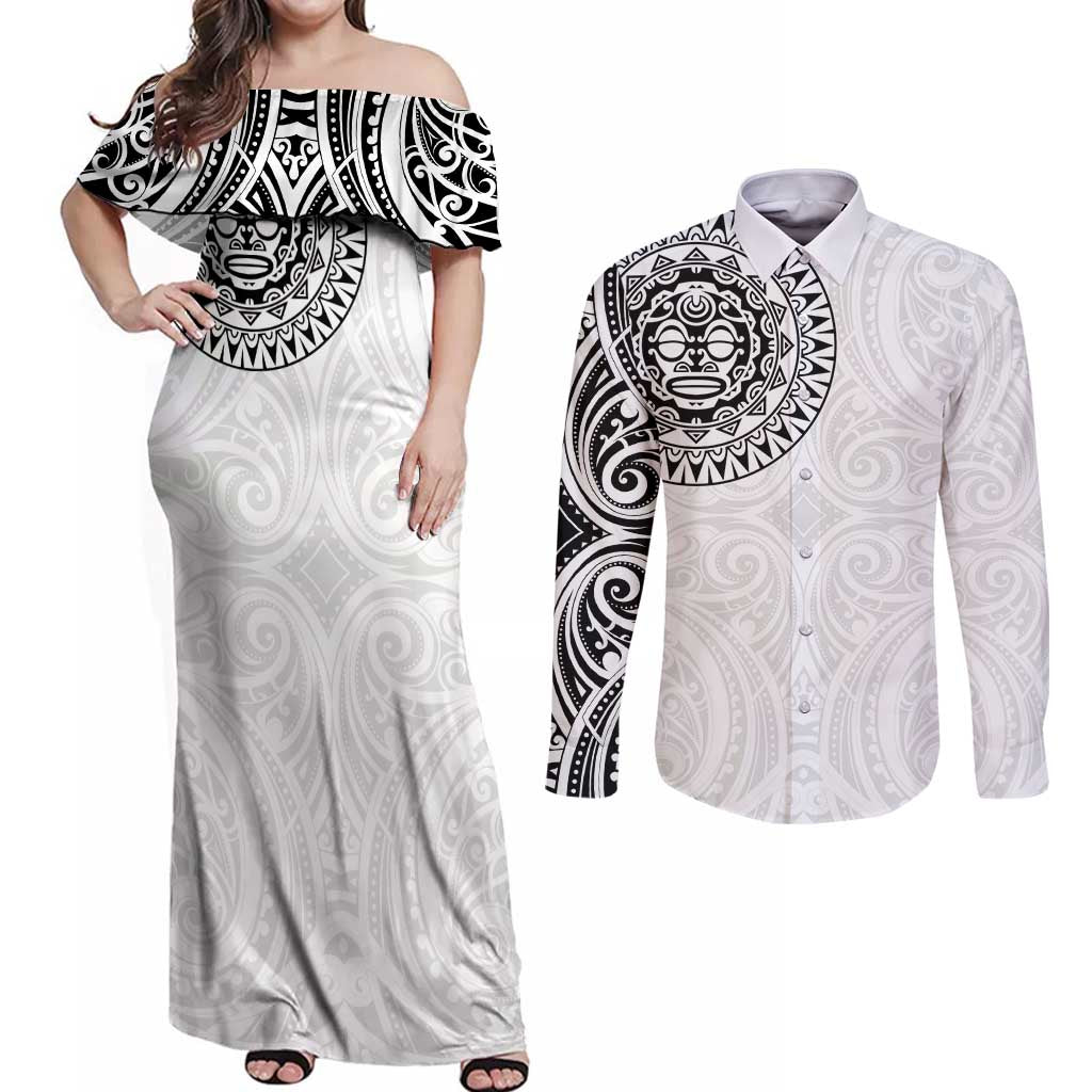 New Zealand Aotearoa Couples Matching Off Shoulder Maxi Dress and Long Sleeve Button Shirt Maori Te Mata O Rongokako
