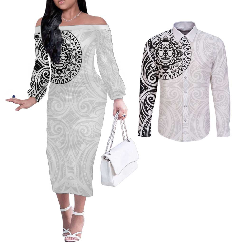 New Zealand Aotearoa Couples Matching Off The Shoulder Long Sleeve Dress and Long Sleeve Button Shirt Maori Te Mata O Rongokako