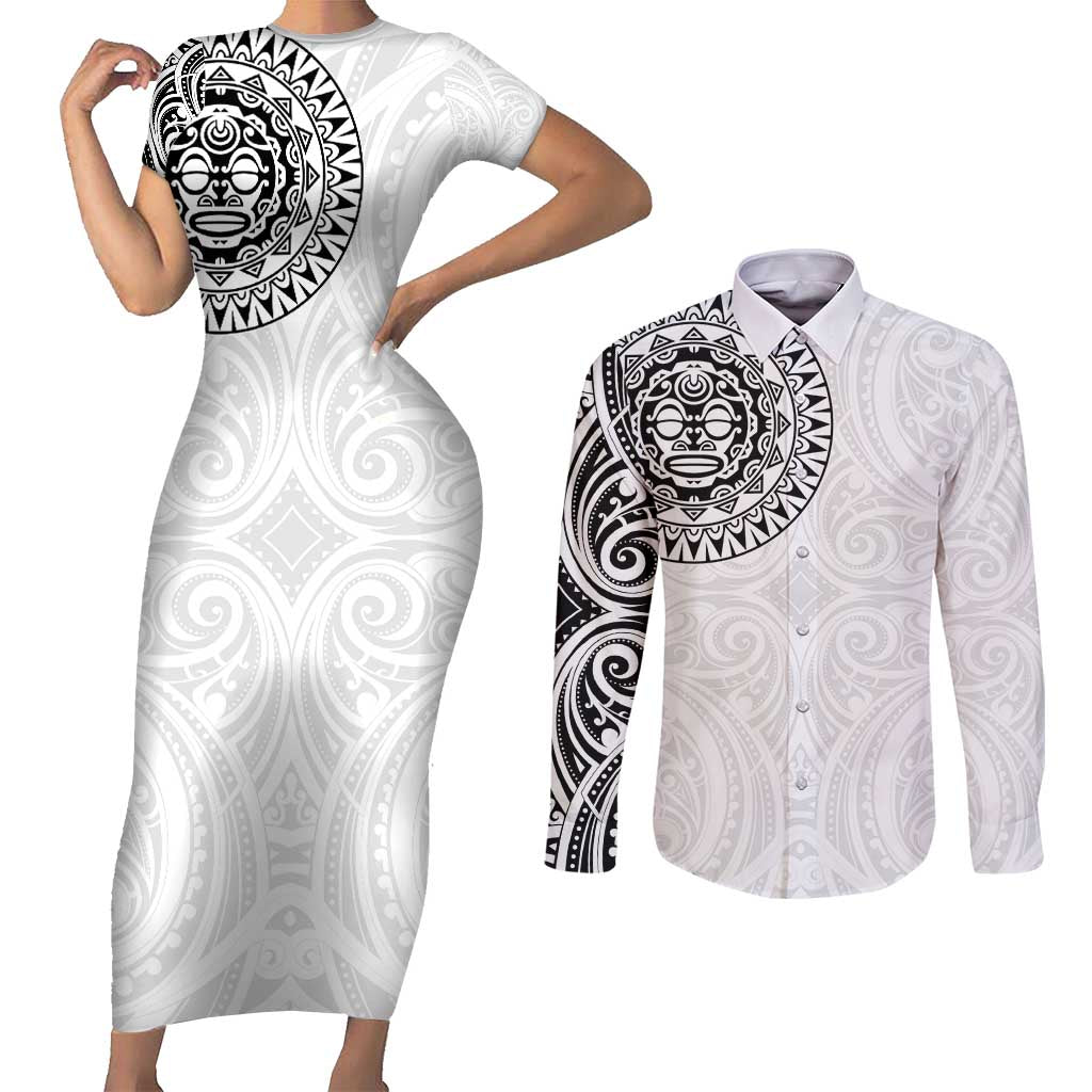 New Zealand Aotearoa Couples Matching Short Sleeve Bodycon Dress and Long Sleeve Button Shirt Maori Te Mata O Rongokako