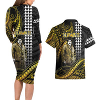 Hawaii Kuhio The Citizen Prince Couples Matching Long Sleeve Bodycon Dress and Hawaiian Shirt Gold Polynesian Tribal Tattoo LT05 - Polynesian Pride