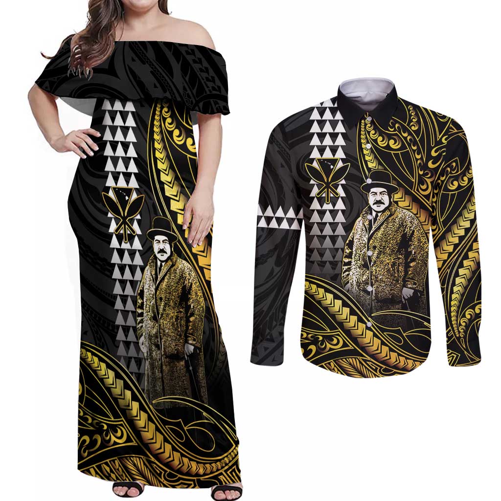 Hawaii Kuhio The Citizen Prince Couples Matching Off Shoulder Maxi Dress and Long Sleeve Button Shirt Gold Polynesian Tribal Tattoo LT05 Gold - Polynesian Pride