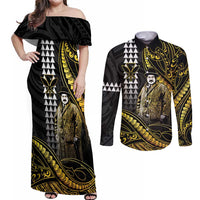 Hawaii Kuhio The Citizen Prince Couples Matching Off Shoulder Maxi Dress and Long Sleeve Button Shirt Gold Polynesian Tribal Tattoo LT05 Gold - Polynesian Pride