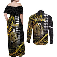 Hawaii Kuhio The Citizen Prince Couples Matching Off Shoulder Maxi Dress and Long Sleeve Button Shirt Gold Polynesian Tribal Tattoo LT05 - Polynesian Pride