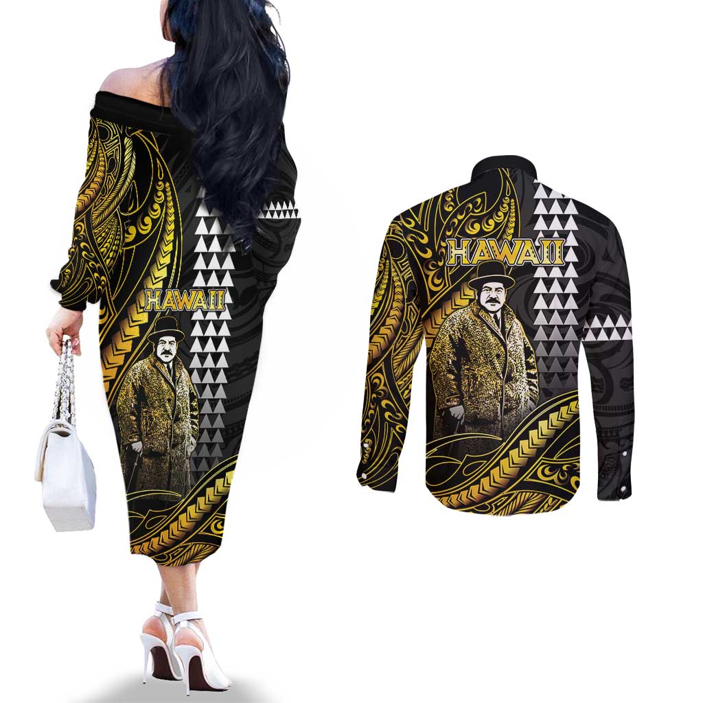 Hawaii Kuhio The Citizen Prince Couples Matching Off The Shoulder Long Sleeve Dress and Long Sleeve Button Shirt Gold Polynesian Tribal Tattoo