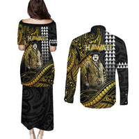 Hawaii Kuhio The Citizen Prince Couples Matching Puletasi and Long Sleeve Button Shirt Gold Polynesian Tribal Tattoo LT05 - Polynesian Pride